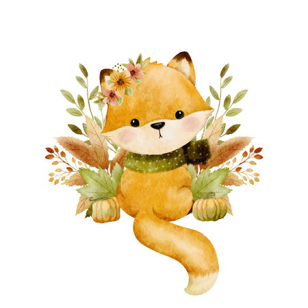 Cute cartoon watercolor forest animal. Hand painted fox sitting on fall leaves illustrations perfect for print and card making vectorのイラスト素材