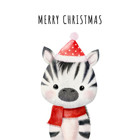 Christmas watercolor animal design with cute zebra. Cute kids illustration, Perfect for Christmas greeting cards and festive decoration vector. Hand drawn baby vectorのイラスト素材