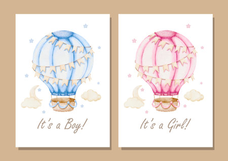 Watercolor Vector set of Blue and Pink Hot Air Balloons for Invitation Card Template Designのイラスト素材