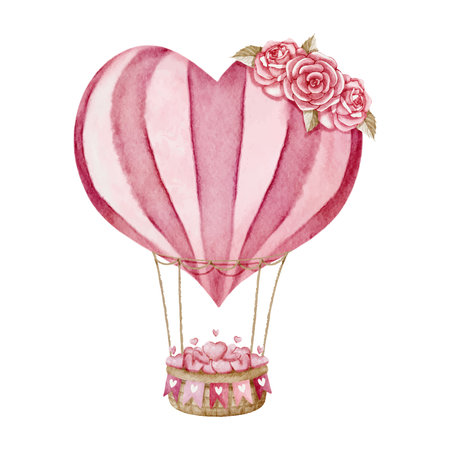 Valentine s Day Watercolor Vector with Pink Hot Air Balloon Heart Shape Vintage style on White Background designのイラスト素材