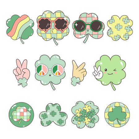 Patrick s Day Celebration Vector with Retro Shamrock, Hats, Four-leaf Clovers Hand Drawn designのイラスト素材