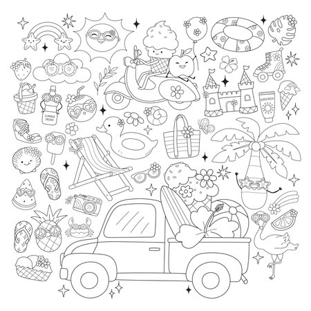 Groovy Summer Vibes, Retro Vacation Doodle Cartoon Style Hand Drawn Elements Outline Coloring Page Vectorのイラスト素材