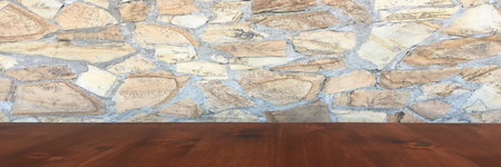 Background of stone wall and old oak table of wood. Brown dark wooden table background and stone...
