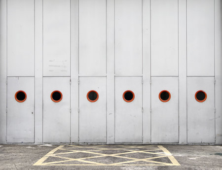 Emergency doors outside of a larger building in trade fair.