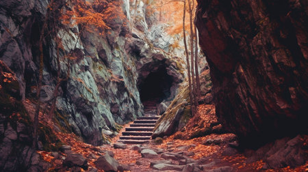 a hidden cave in the side of a mountain, shrouded in mystery and intrigue. The cave entrance is partially obscured by moss and vegetation, giving it a sense of age and seclusion.の素材