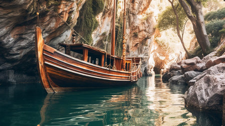 a serene grotto hidden away in a remote location. The only way to access it is by boat, as it is nestled among rocky cliffs and overgrown trees. The grotto is filled with crystal clear waterの素材