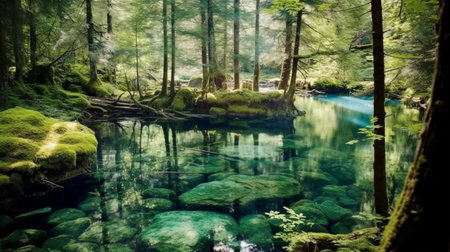a serene and mystical hidden lake nestled deep within a dense forest. The vibrant green trees tower over the tranquil waters, creating a serene and peaceful environmentの素材