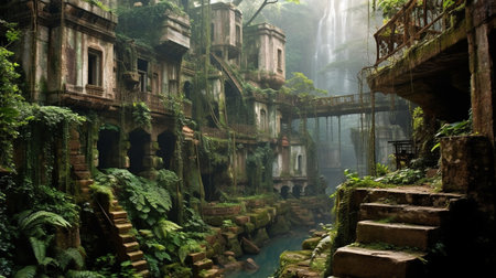 The ruins of ancient buildings are overgrown with vegetation, and moss covers the ground. The remains of a grand temple stand tall in the center of the city, hinting at the grandeurの素材