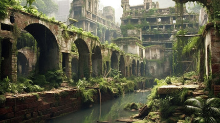 The ruins of ancient buildings are overgrown with vegetation, and moss covers the ground. The remains of a grand temple stand tall in the center of the city, hinting at the grandeurの素材