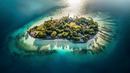 The island is surrounded by crystal clear water and has lush green foliage covering its landscape. The sand on the beaches is white, and the sun shines down on the island, creating a warmの素材