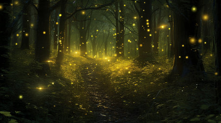the beauty of a hidden forest grove, illuminated by the magical glow of countless fireflies. The soft light creates a tranquil atmosphere, r to explore the secrets of this enchanting placeの素材