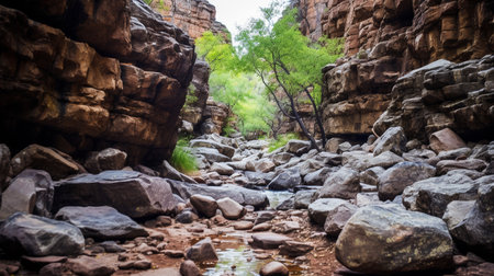 a hidden canyon with ancient petroglyphs etched into the rock walls. The petroglyphs show images of ancient animals and symbols, and are thought to have been created by a long-gone civilizationの素材