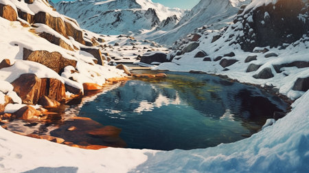 A tranquil hot spring nestled amidst the snow-covered peaks of a mountain range. The steaming waters provide a stark contrast to the snowy landscape, and the trees are coated with a layer of snowの素材