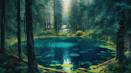 a serene and mystical hidden lake nestled deep within a dense forest. The vibrant green trees tower over the tranquil waters, creating a serene and peaceful environmentの素材