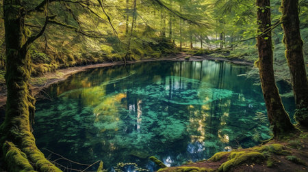 a serene and mystical hidden lake nestled deep within a dense forest. The vibrant green trees tower over the tranquil waters, creating a serene and peaceful environmentの素材