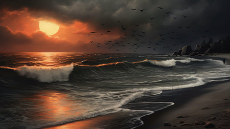 a dark and ominous beach landscape with a sense of foreboding. The skies are filled with heavy, rolling clouds, and the sea is rough and choppy, with waves crashing against the shoreの素材