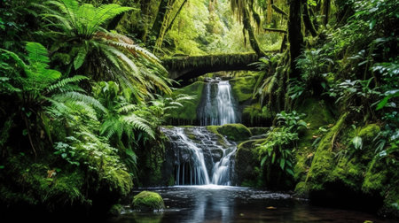 a hidden waterfall in the heart of a lush forest. The cascading water creates a soothing soundtrack that blends with the sounds of the surrounding wildlife.の素材