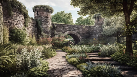 a hidden garden located behind the walls of an ancient castle. The garden is lush and vibrant, filled with colorful flowers and green foliage. The castle wall can be seen in the backgroundの素材