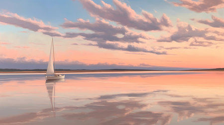 peaceful beach landscape captures the beauty and tranquility of a quiet evening at the shore. The calm, glassy waters reflect the pastel hues of the setting sun, creating a soft and dreamy atmosphereの素材