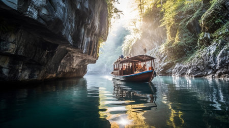 a serene grotto hidden away in a remote location. The only way to access it is by boat, as it is nestled among rocky cliffs and overgrown trees. The grotto is filled with crystal clear waterの素材