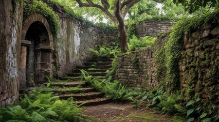 a hidden garden located behind the walls of an ancient castle. The garden is lush and vibrant, filled with colorful flowers and green foliage. The castle wall can be seen in the backgroundの素材