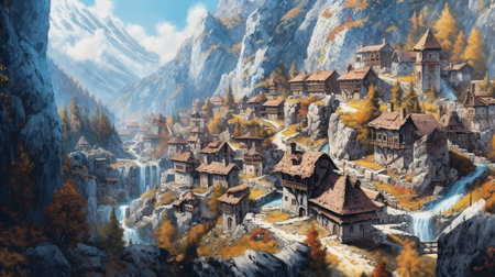 a secret village nestled in the mountains, hidden away from the world. The village is made up of traditional stone and wood buildings, with smoke rising from chimneys and a gentle mistの素材