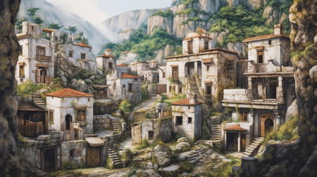 a secret village nestled in the mountains, hidden away from the world. The village is made up of traditional stone and wood buildings, with smoke rising from chimneys and a gentle mistの素材