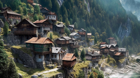 a secret village nestled in the mountains, hidden away from the world. The village is made up of traditional stone and wood buildings, with smoke rising from chimneys and a gentle mistの素材