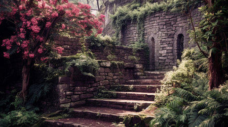 a hidden garden located behind the walls of an ancient castle. The garden is lush and vibrant, filled with colorful flowers and green foliage. The castle wall can be seen in the backgroundの素材