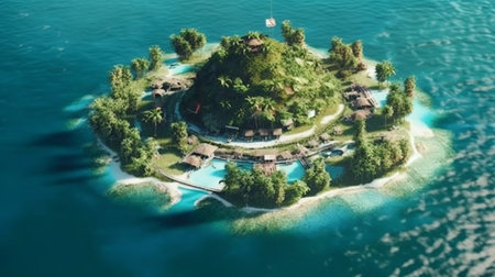 The island is surrounded by crystal clear water and has lush green foliage covering its landscape. The sand on the beaches is white, and the sun shines down on the island, creating a warmの素材