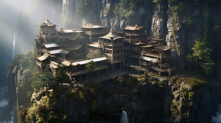 a secret village nestled in the mountains, hidden away from the world. The village is made up of traditional stone and wood buildings, with smoke rising from chimneys and a gentle mistの素材