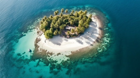 The island is surrounded by crystal clear water and has lush green foliage covering its landscape. The sand on the beaches is white, and the sun shines down on the island, creating a warmの素材
