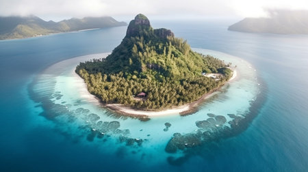 The island is surrounded by crystal clear water and has lush green foliage covering its landscape. The sand on the beaches is white, and the sun shines down on the island, creating a warmの素材