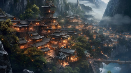 a secret village nestled in the mountains, hidden away from the world. The village is made up of traditional stone and wood buildings, with smoke rising from chimneys and a gentle mistの素材