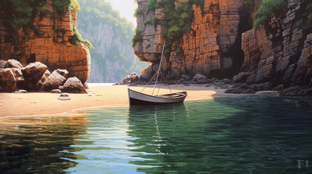 Discover the hidden gem of a serene and secluded beach cove, nestled among towering cliffs and surrounded by lush greenery. In this peaceful oasis, a solitary boat bobs in the calm waters.の素材