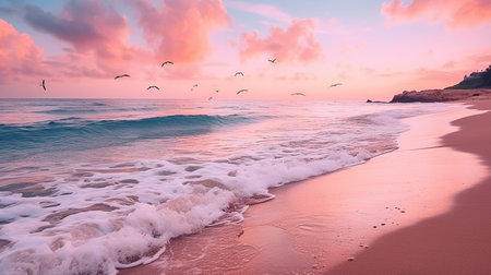 a serene and peaceful beach landscape at dawn, with soft, pink skies illuminating the horizon and casting a gentle glow over the tranquil waters. The gentle waves lap against the shore.の素材