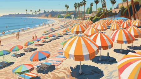 a stunning sun-drenched beach landscape with golden sand, swaying palm trees, a riot of colorful beach umbrellas and towels. The scene is vibrant and full of life, with people lounging on the beach.の素材