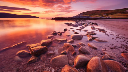 This serene and peaceful beach landscape captures the beauty of a quiet evening at the shore, with warm orange and pink hues illuminating the sky and gentle waves lapping against the sandy beach.の素材
