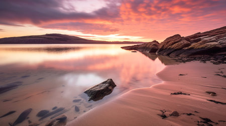 This serene and peaceful beach landscape captures the beauty of a quiet evening at the shore, with warm orange and pink hues illuminating the sky and gentle waves lapping against the sandy beach.の素材