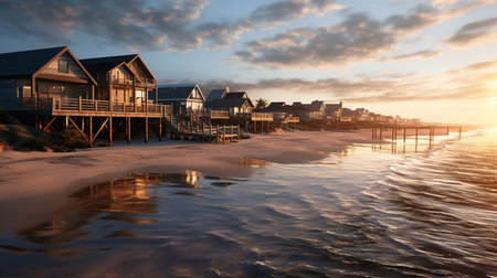 a peaceful and picturesque beach town, where weathered beach houses and a quiet pier line the shore. The tranquil beach is perfect for long walks and contemplation, with gentle waves lapping the shoreの素材