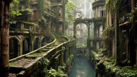 The ruins of ancient buildings are overgrown with vegetation, and moss covers the ground. The remains of a grand temple stand tall in the center of the city, hinting at the grandeurの素材