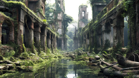The ruins of ancient buildings are overgrown with vegetation, and moss covers the ground. The remains of a grand temple stand tall in the center of the city, hinting at the grandeurの素材