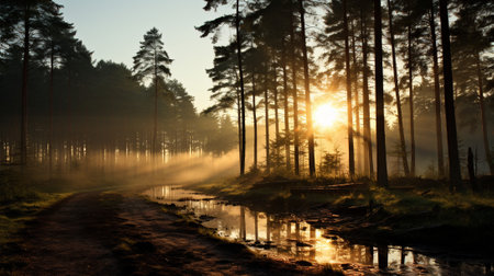 a misty forest during the early hours of the day. The magical atmosphere is palpable as the soft, diffused light filters through the dense canopy, creating an ethereal scene. The mist weavesの素材