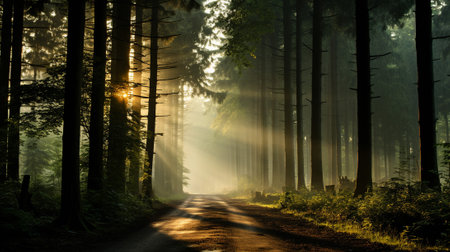 a misty forest during the early hours of the day. The magical atmosphere is palpable as the soft, diffused light filters through the dense canopy, creating an ethereal scene. The mist weavesの素材