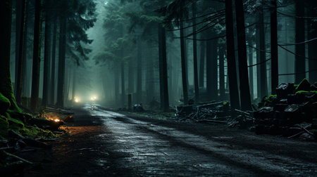 a misty forest during the early hours of the day. The magical atmosphere is palpable as the soft, diffused light filters through the dense canopy, creating an ethereal scene. The mist weavesの素材