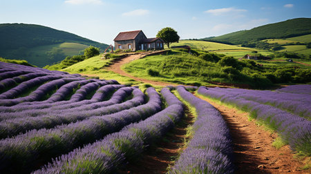 a surreal vision of nature's beauty with this photograph capturing the breathtaking splendor of lavender fields in full bloom. The vibrant hues of purple stretch as far as the eye can see.の素材