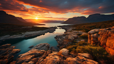 the awe-inspiring spectacle of the sun ascending over a majestic mountain range, illuminating the landscape in a breathtaking display of colors. Experience the tranquility and grandeur of natureの素材