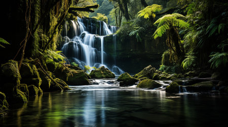 "Enchanting Cascades" transports you to a hidden oasis deep within a lush forest, where a powerful waterfall tumbles gracefully down rugged rocks. The serenity of the surroundings is palpableの素材