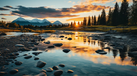 the awe-inspiring spectacle of the sun ascending over a majestic mountain range, illuminating the landscape in a breathtaking display of colors. Experience the tranquility and grandeur of natureの素材