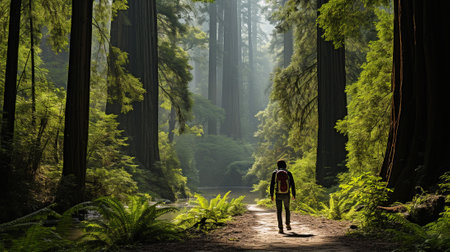 Immerse yourself in the ethereal beauty of an Ancient Redwood Forest, where time stands still amidst the towering giants. The age-old forest whispers tales of centuries past, a wonder and tranquility.の素材
